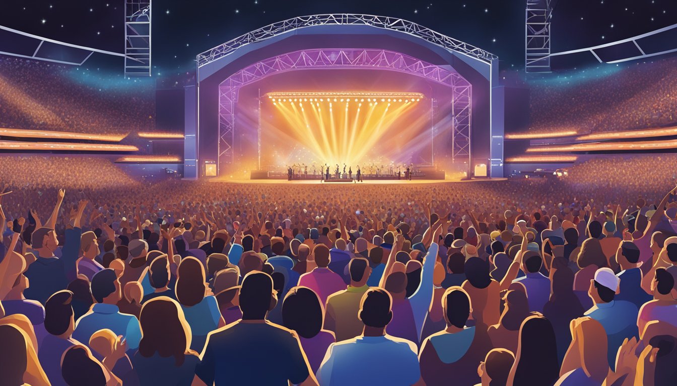 A packed arena with a stage bathed in colorful lights, amplifiers, and a crowd of enthusiastic fans cheering and singing along to George Strait's live performance