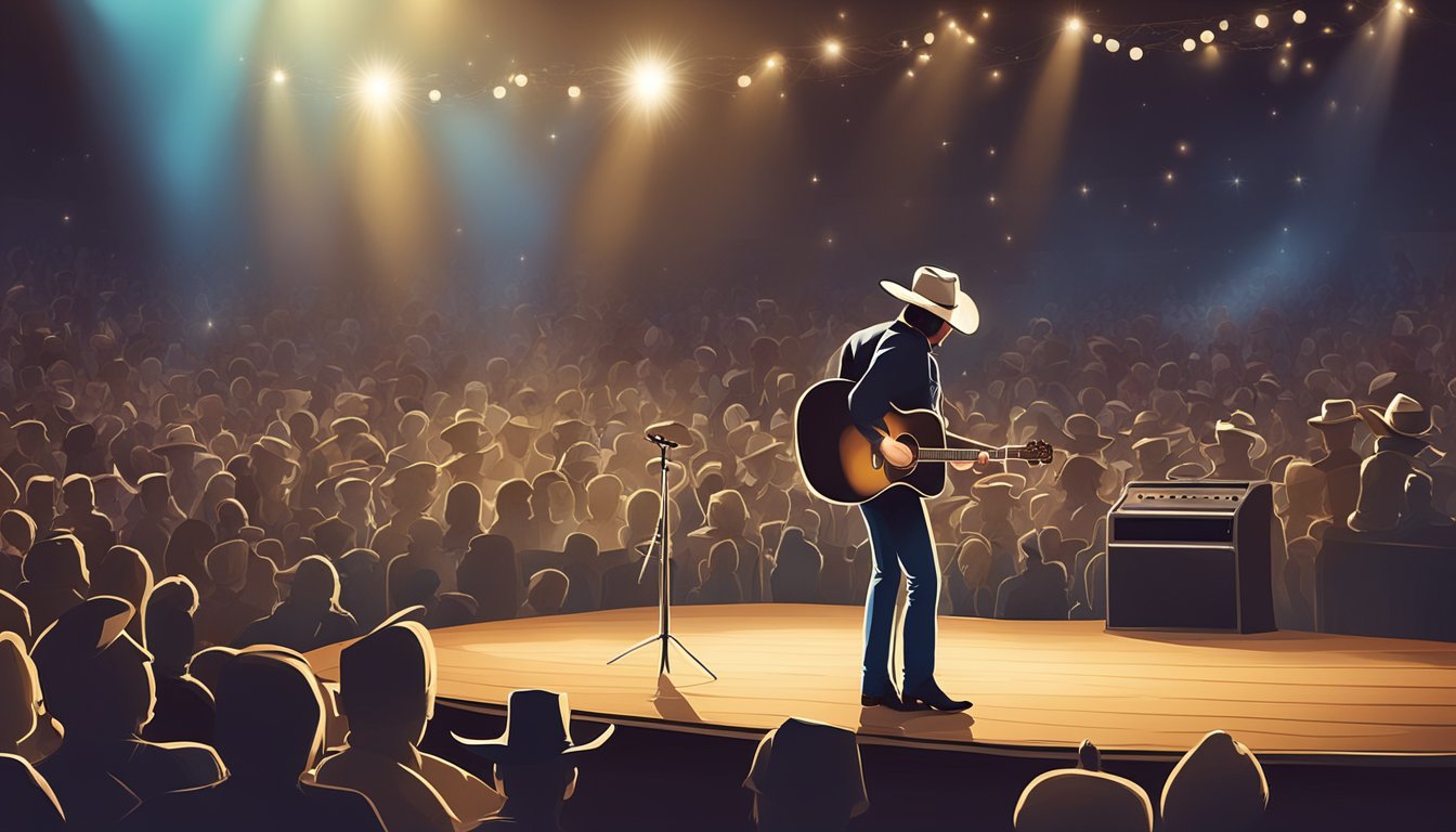 A cowboy hat, boots, and guitar on a stage with a spotlight. Crowd cheering in the background