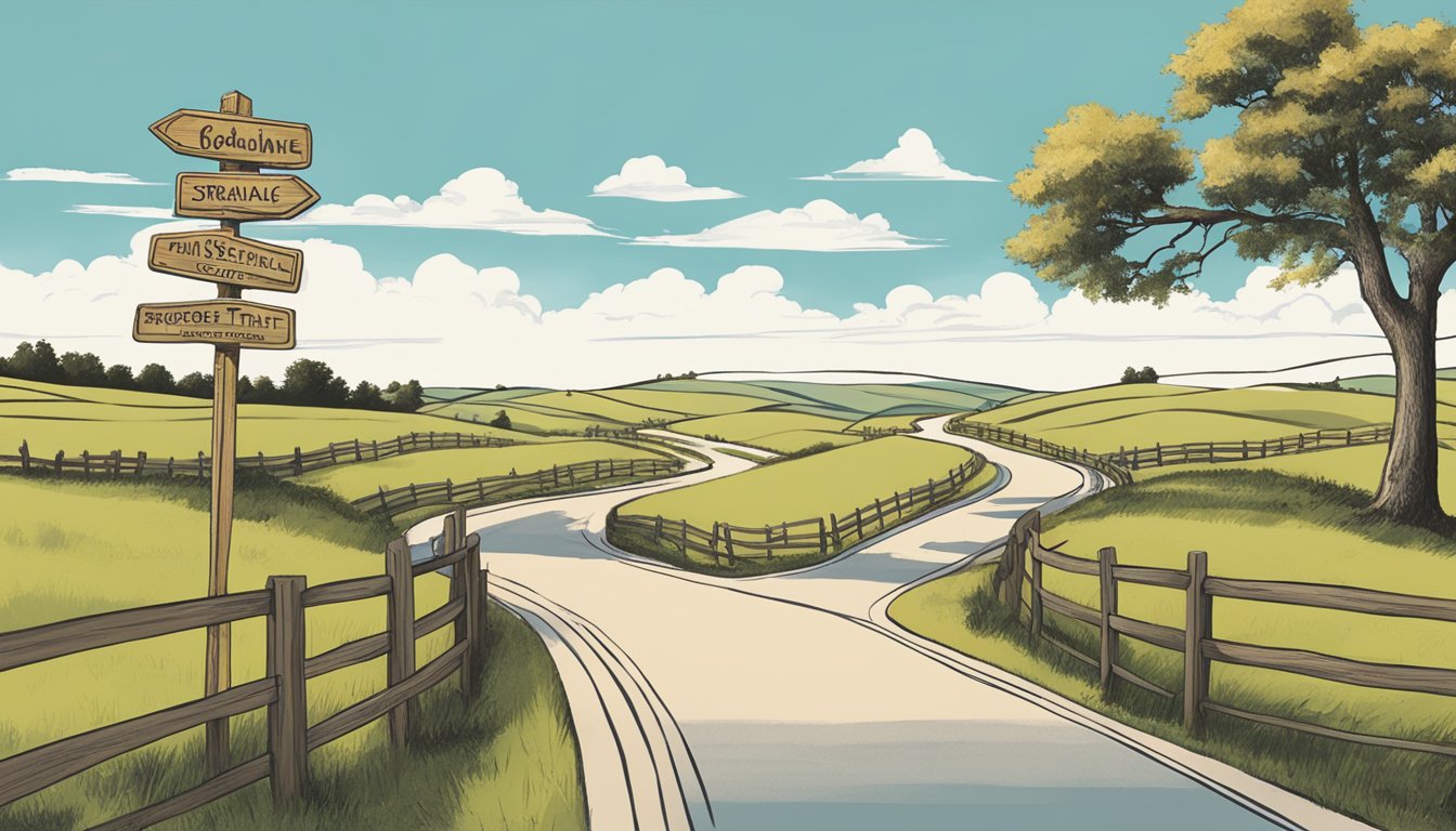 A winding road through a peaceful countryside, with a signpost featuring George Strait song titles leading in different directions