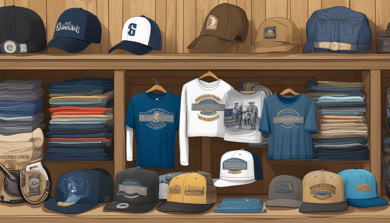 A collection of George Strait merchandise items arranged on a shelf, including CDs, t-shirts, hats, and other memorabilia