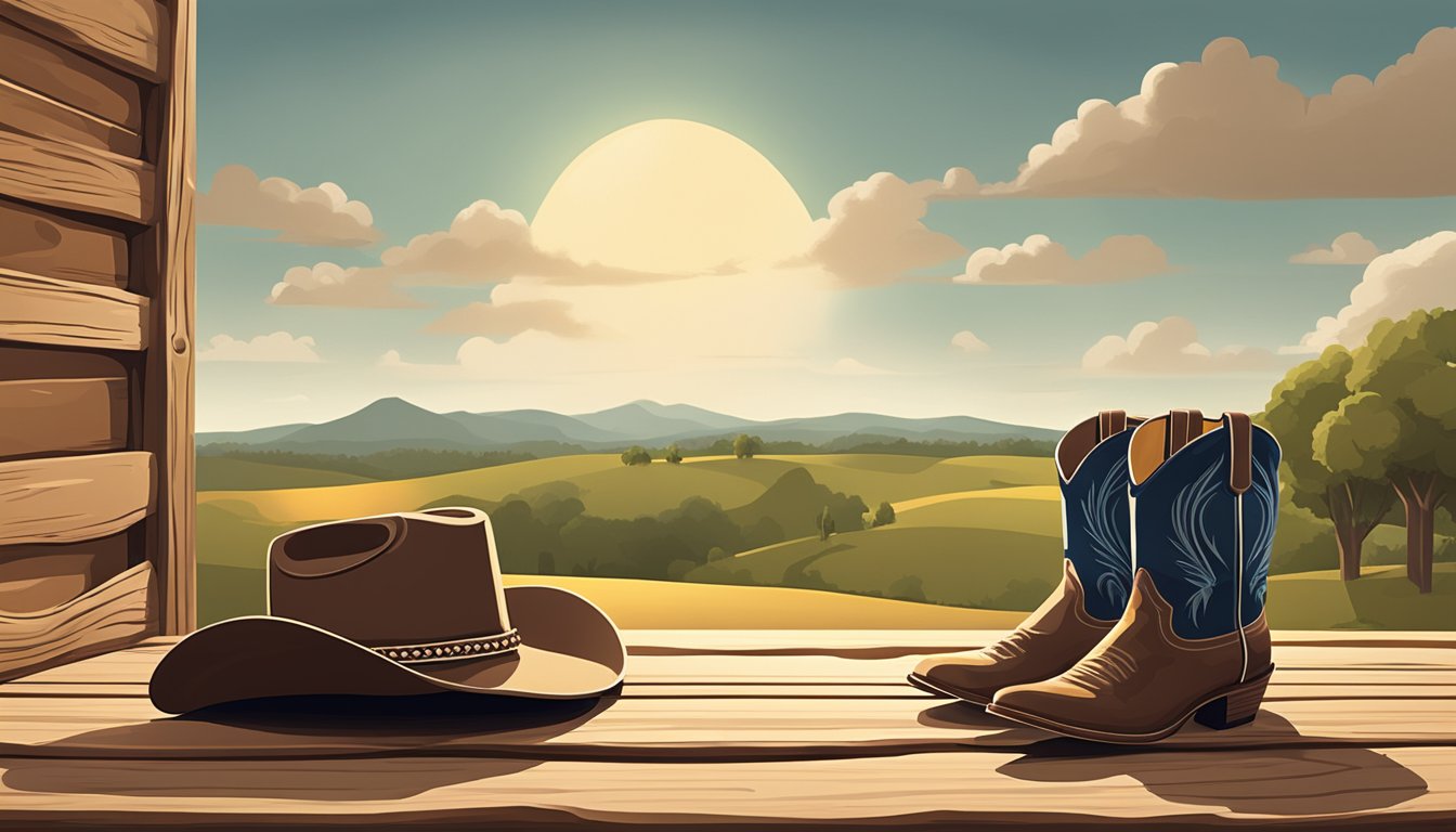 A cowboy hat, guitar, and cowboy boots arranged on a wooden stage with a country landscape backdrop