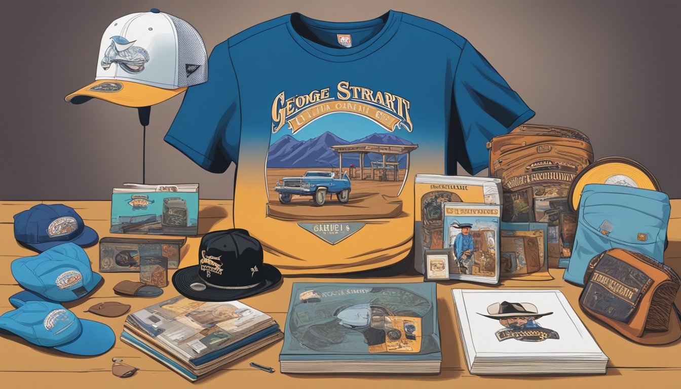 A table with a George Strait t-shirt surrounded by other merchandise items such as hats, CDs, and posters