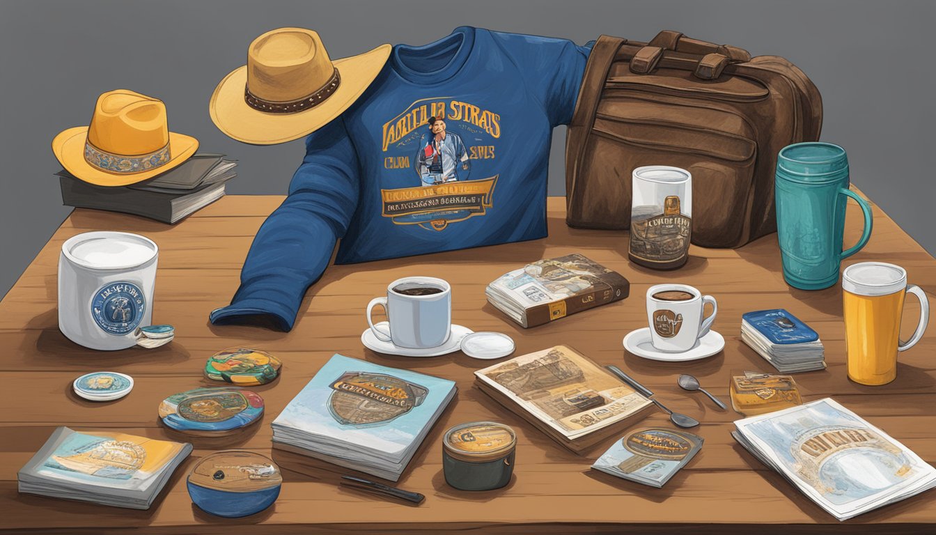 A table with a George Strait coffee mug surrounded by 7 merchandise items