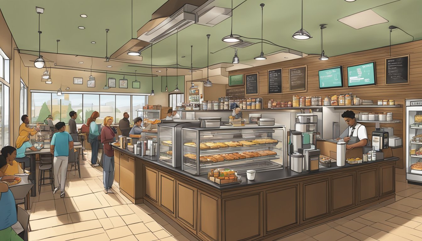 A bustling Starbucks café with a variety of breakfast options on display, while customers make their morning selections