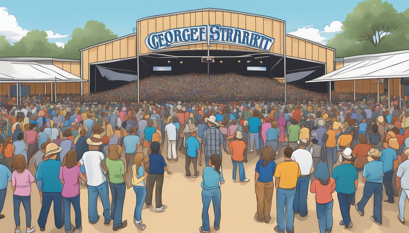 A lively concert crowd surrounded by George Strait merchandise stands at the venue entrance