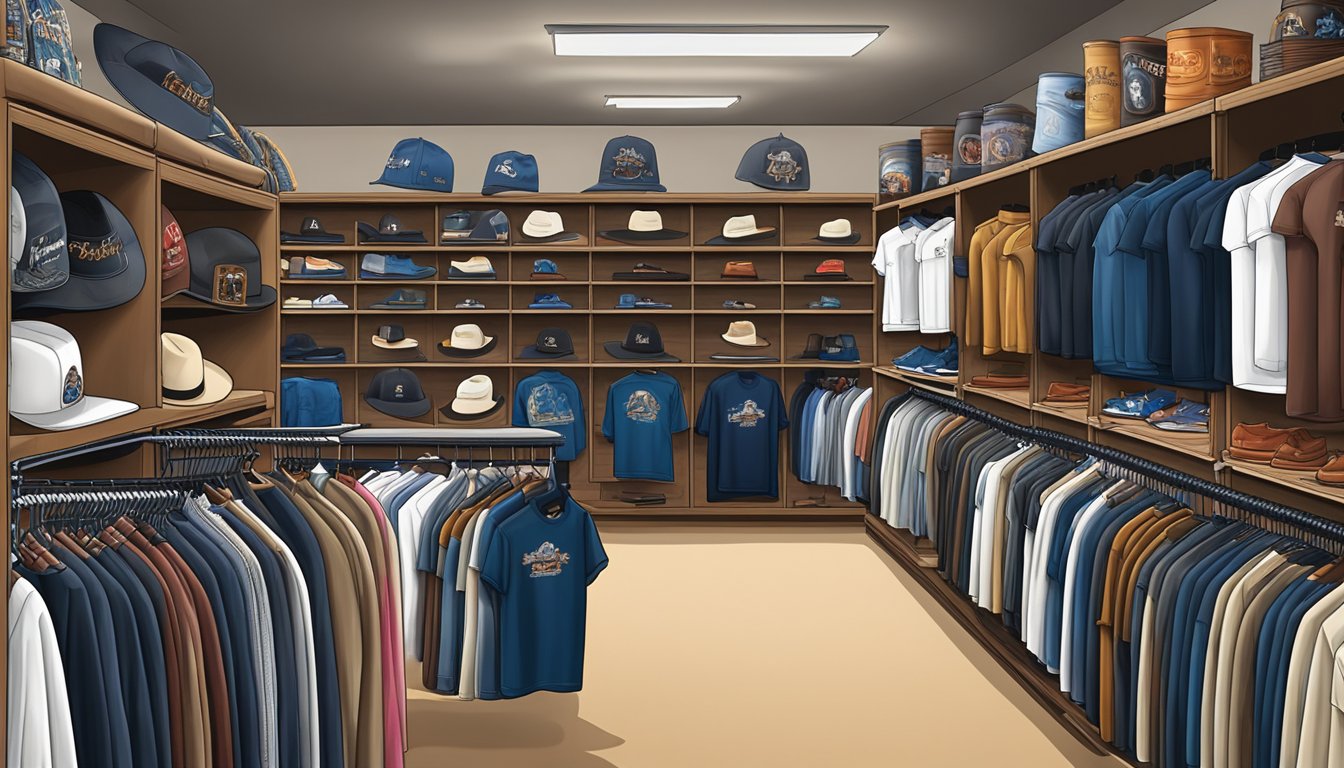 A display of George Strait merchandise items arranged on shelves and racks, including hats, t-shirts, albums, and other collectibles