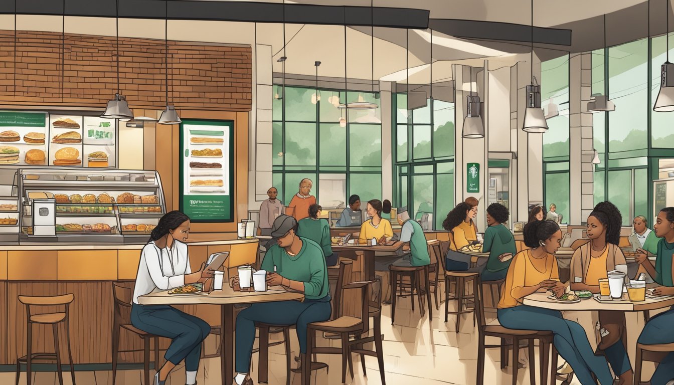 A bustling Starbucks store with customers enjoying breakfast items and beverages, while a nutritionist observes and takes notes on the impact of the menu on American eating habits