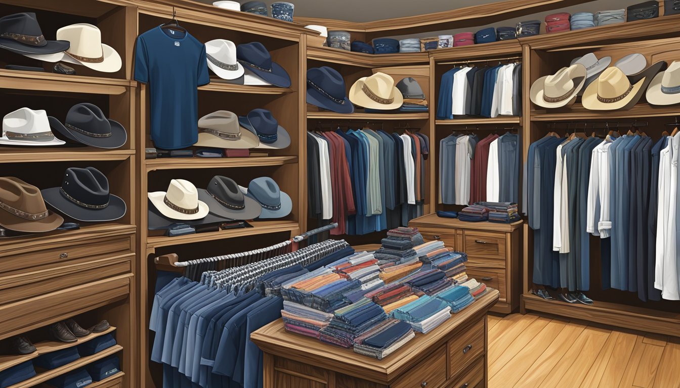 A display of George Strait merchandise, including hats, t-shirts, albums, and other items, arranged neatly on shelves or racks in a store