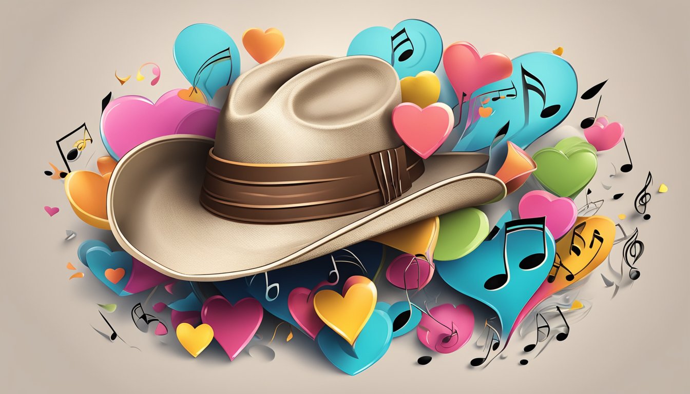 A cowboy hat surrounded by swirling musical notes and heart shapes