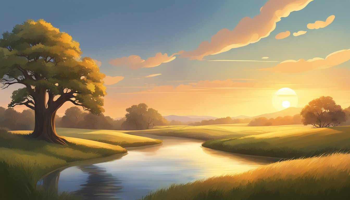 A serene countryside with a winding river, surrounded by rolling hills and tall oak trees. The sun sets in the distance, casting a warm glow over the landscape