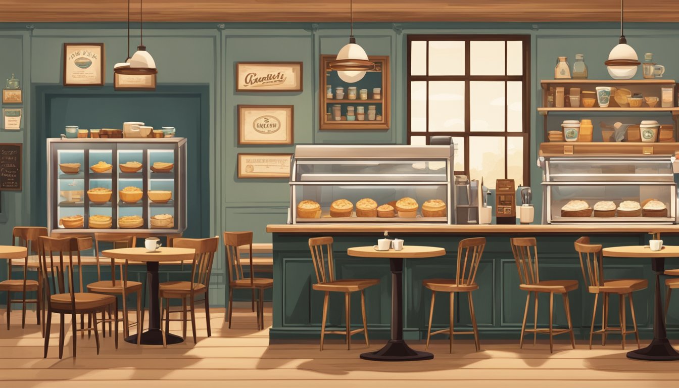 A cozy, vintage-inspired coffee shop with warm lighting, wooden tables, and retro decor. A display of classic breakfast items evokes a sense of nostalgia