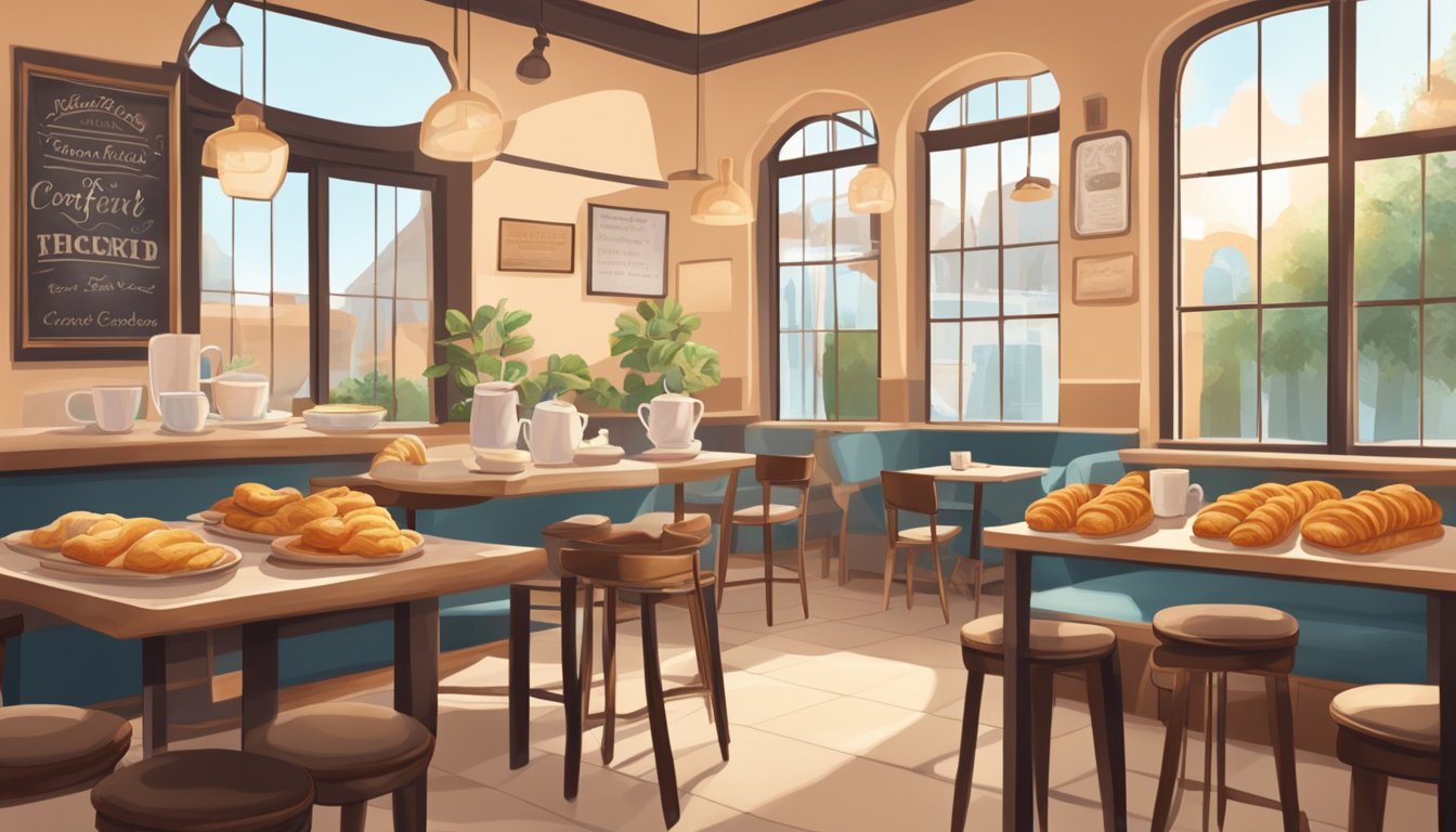 A cozy, sunlit cafe with a display of warm, freshly baked pastries and steaming coffee, evoking a sense of comfort and nostalgia