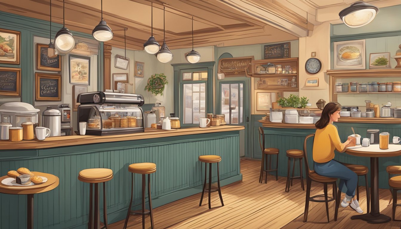 A cozy coffee shop with vintage decor, serving classic breakfast items. Customers smile as they enjoy their meals, surrounded by nostalgic memorabilia