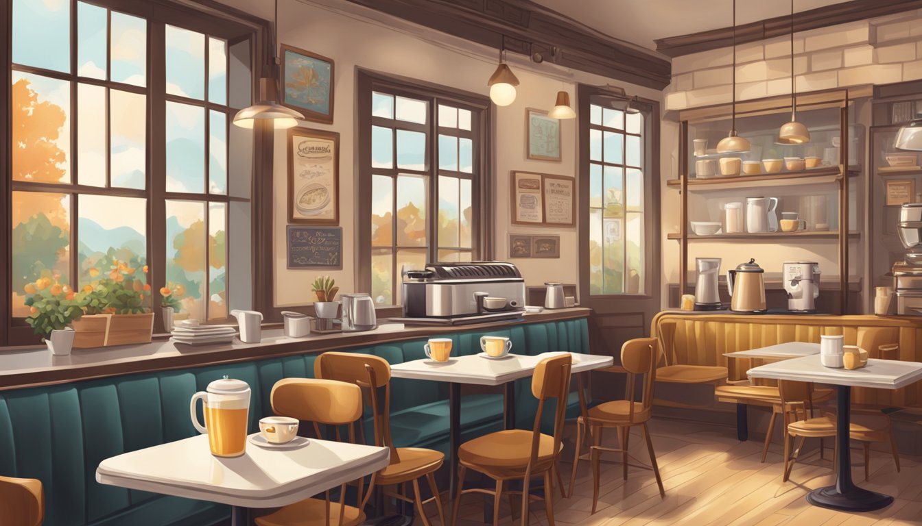 A cozy coffee shop with a vintage aesthetic, featuring classic breakfast items and retro decor