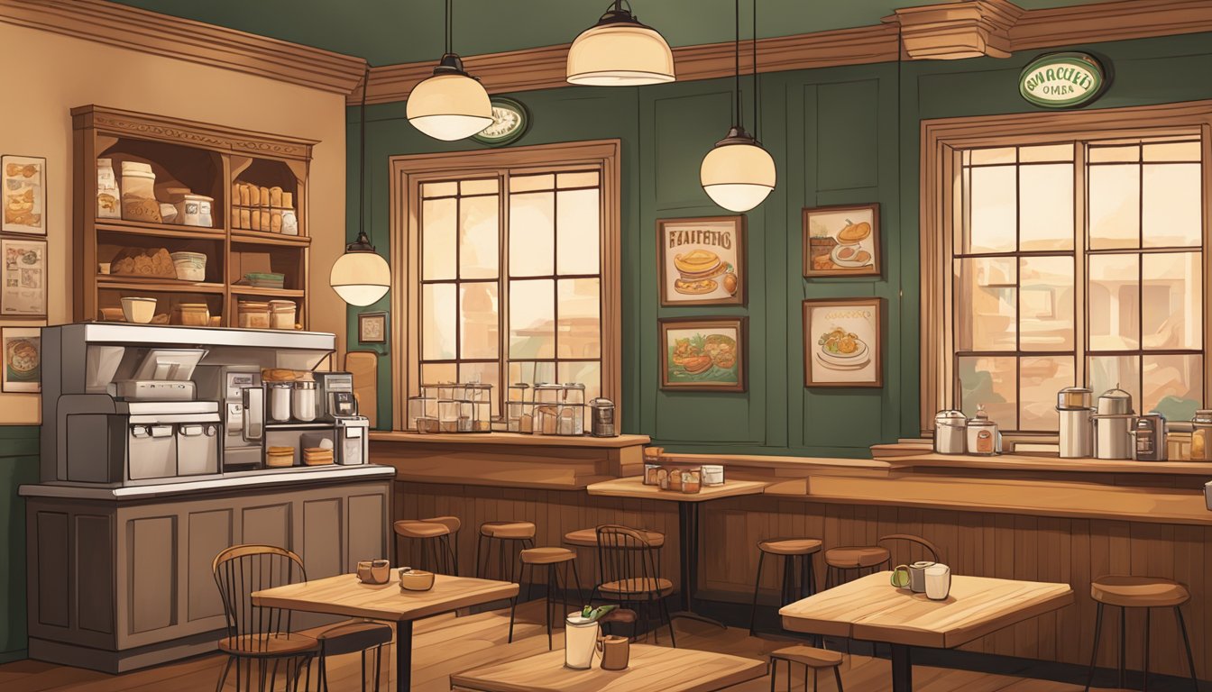 A cozy Starbucks cafe with vintage decor, a warm color palette, and a display of nostalgic breakfast items