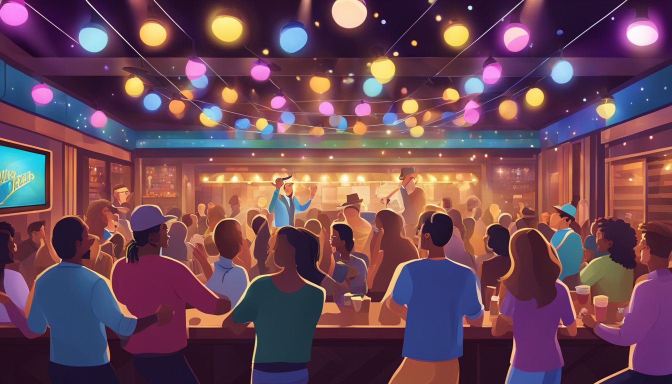 A lively karaoke bar with a diverse crowd singing along to George Strait's classic songs, with colorful stage lights and a festive atmosphere