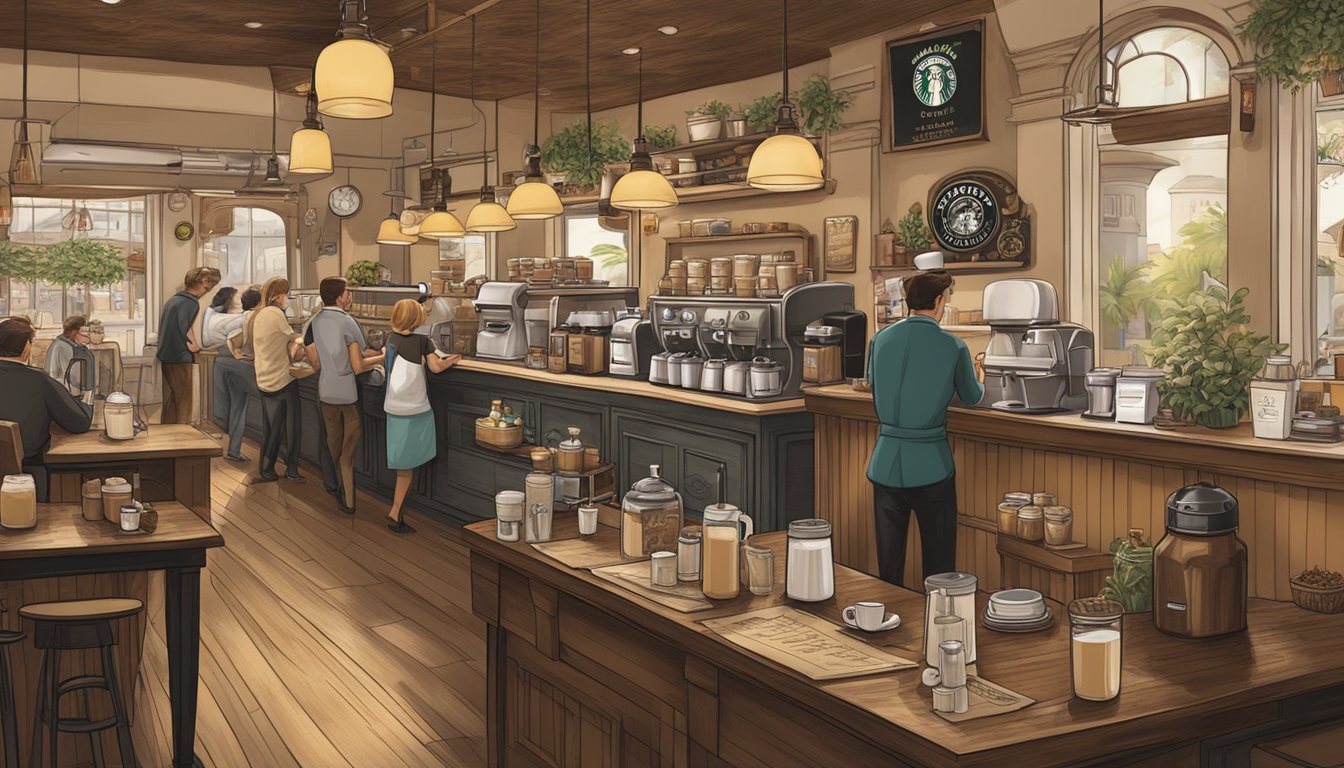 A bustling coffee shop with a vintage feel, adorned with historical artifacts and images of the early days of Starbucks. Customers enjoy their breakfast while sipping on freshly brewed coffee