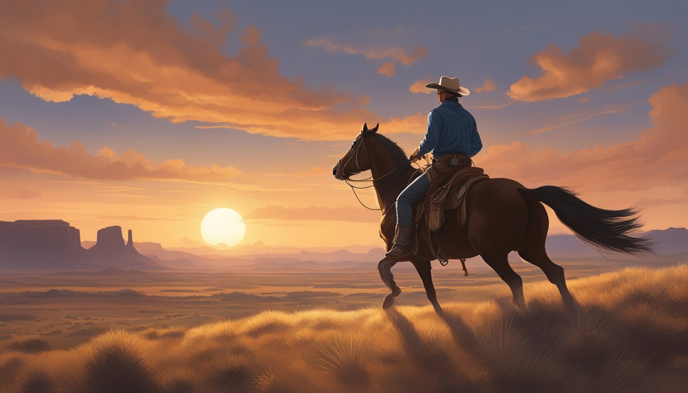 A lone cowboy riding on horseback through the rugged, open plains at sunset