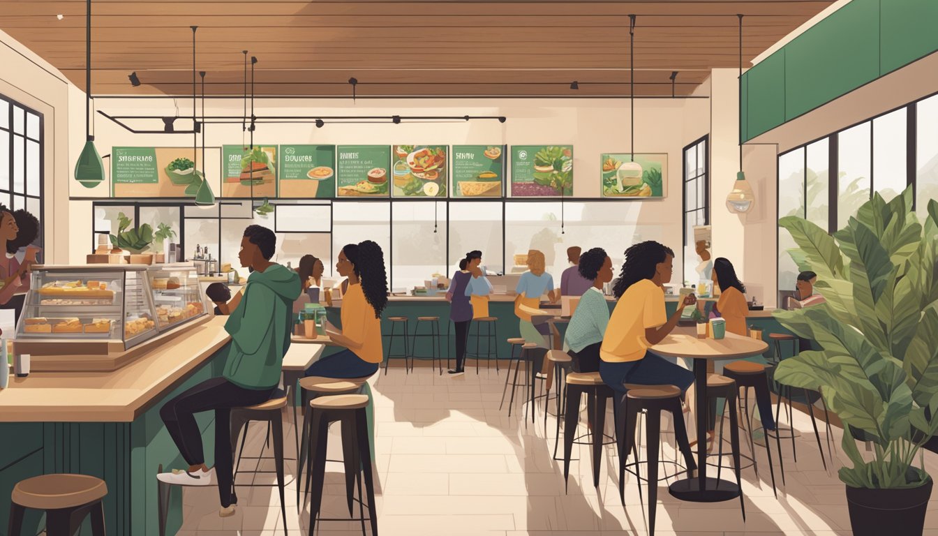 A bustling Starbucks cafe with a diverse group of young customers enjoying a variety of trendy breakfast options. The menu prominently features avocado toast, acai bowls, and plant-based options