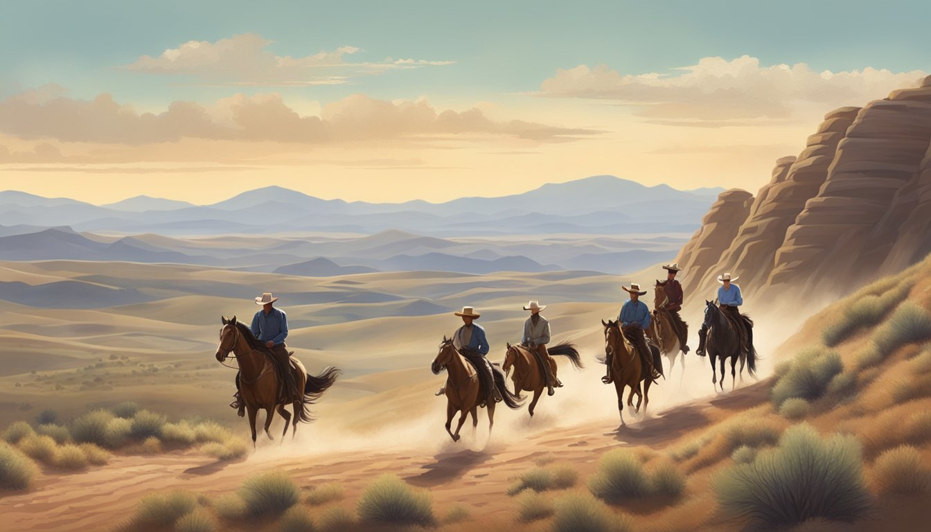 A group of cowboys riding on horseback through a winding, dusty trail surrounded by rolling hills and a big, open sky