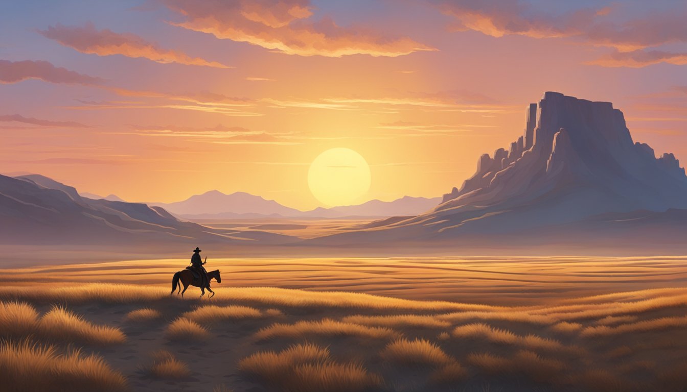 A sunrise over a vast, open plain with a lone cowboy riding off into the distance