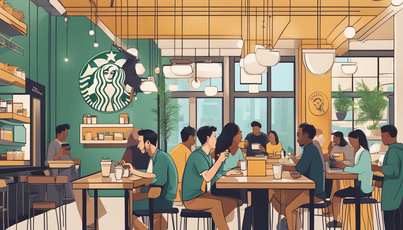 A bustling Starbucks cafe with millennials enjoying breakfast items while scrolling through social media on their smartphones. The logo prominently displayed on cups and signage