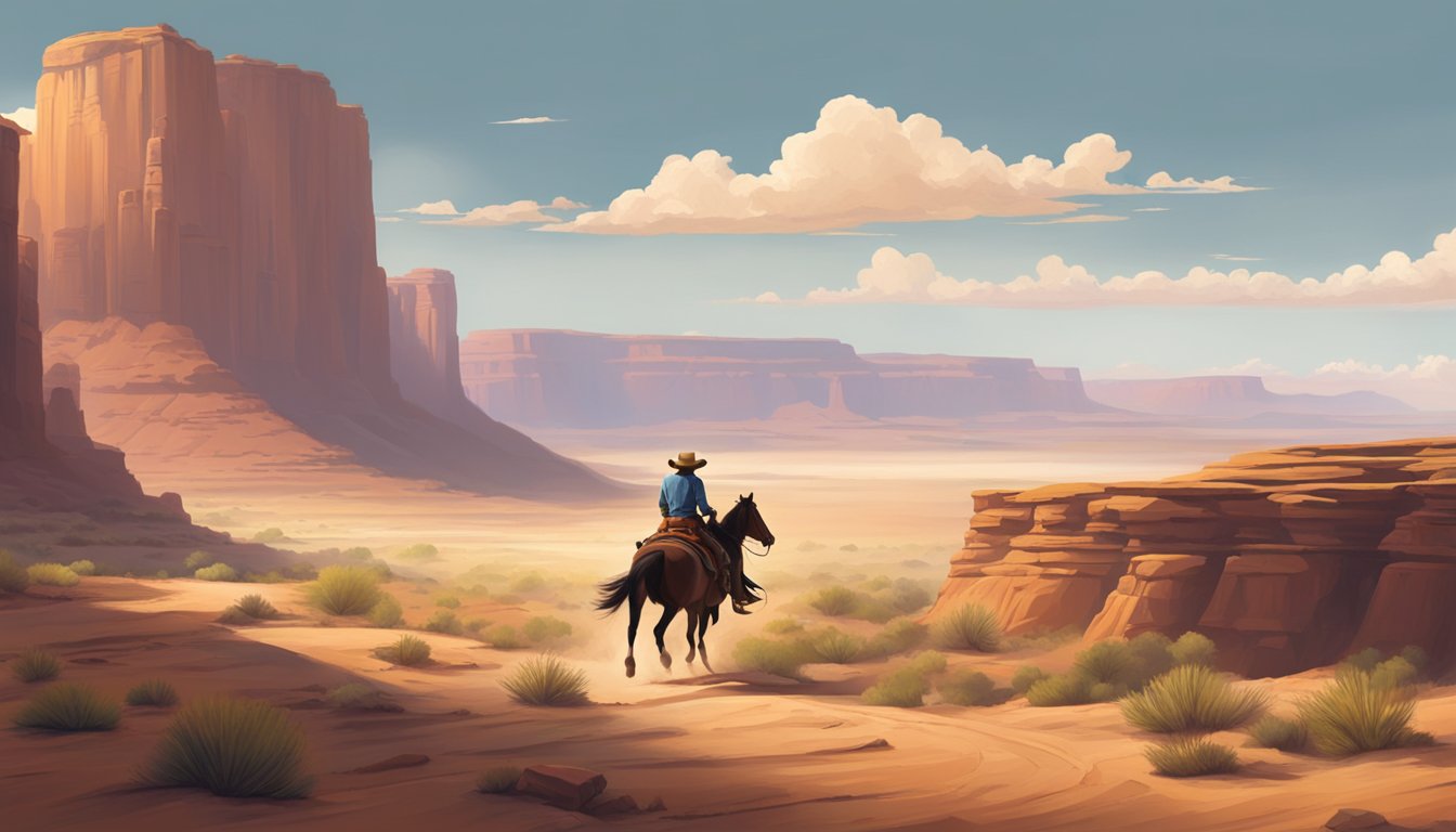 A lone cowboy rides through a rugged canyon, surrounded by towering mesas and a vast expanse of open sky