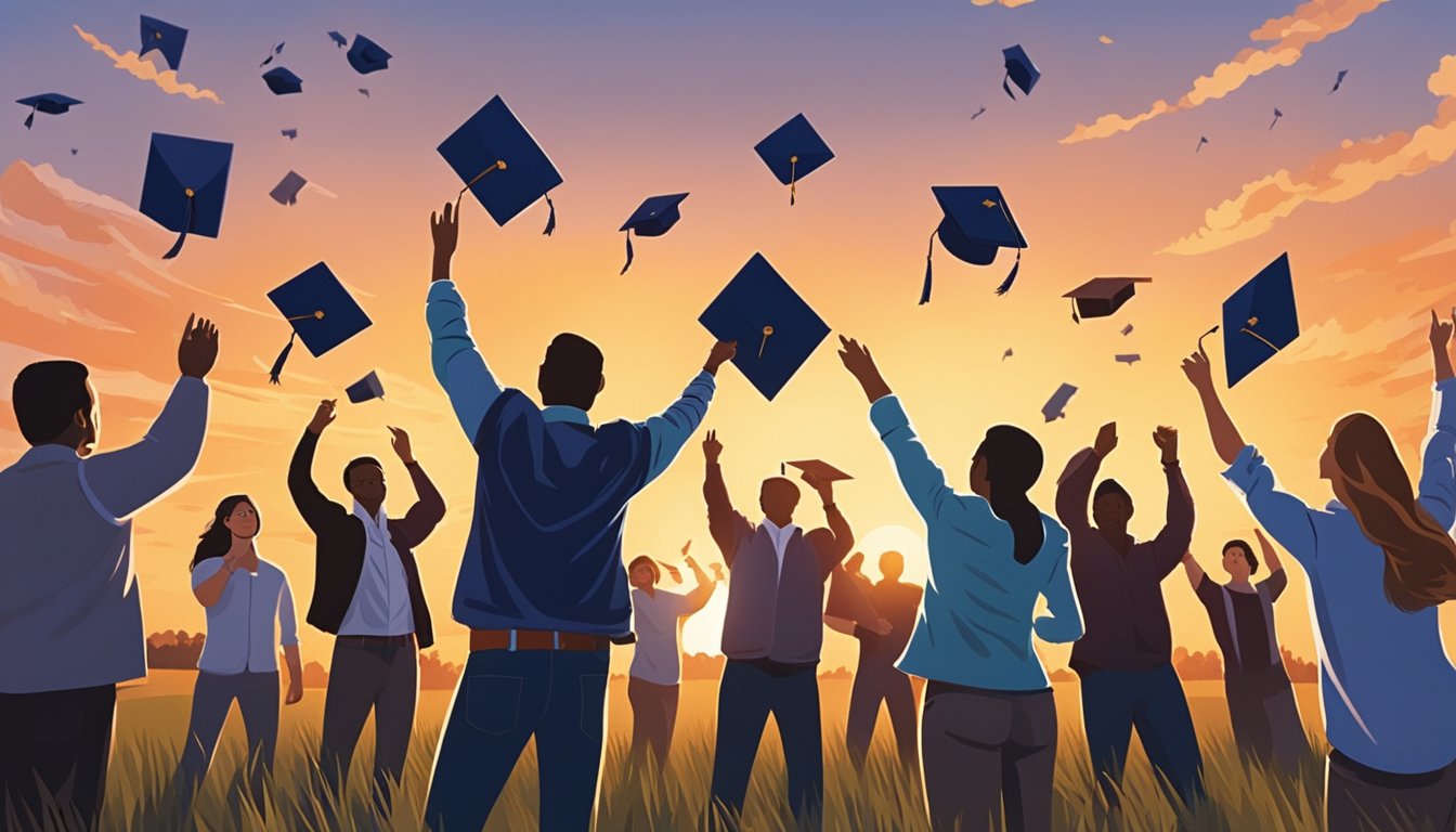 A group of students stands in a field, tossing their graduation caps into the air as George Strait's music plays in the background. The sun sets behind them, casting a warm glow over the scene