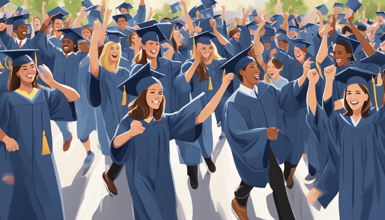 A group of graduates celebrating in caps and gowns, holding diplomas, and dancing to George Strait's music at a graduation party