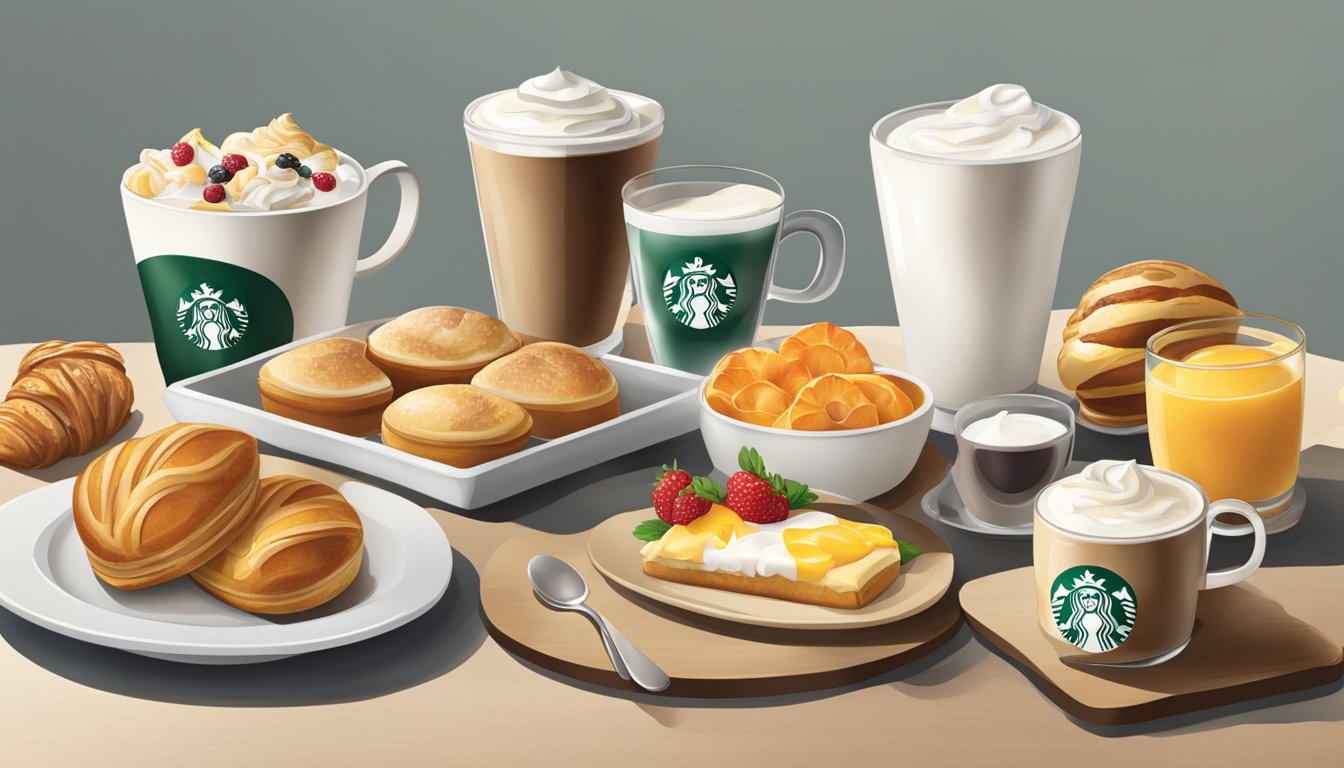 A table set with a spread of Starbucks breakfast items, including pastries, fruit, yogurt, and coffee