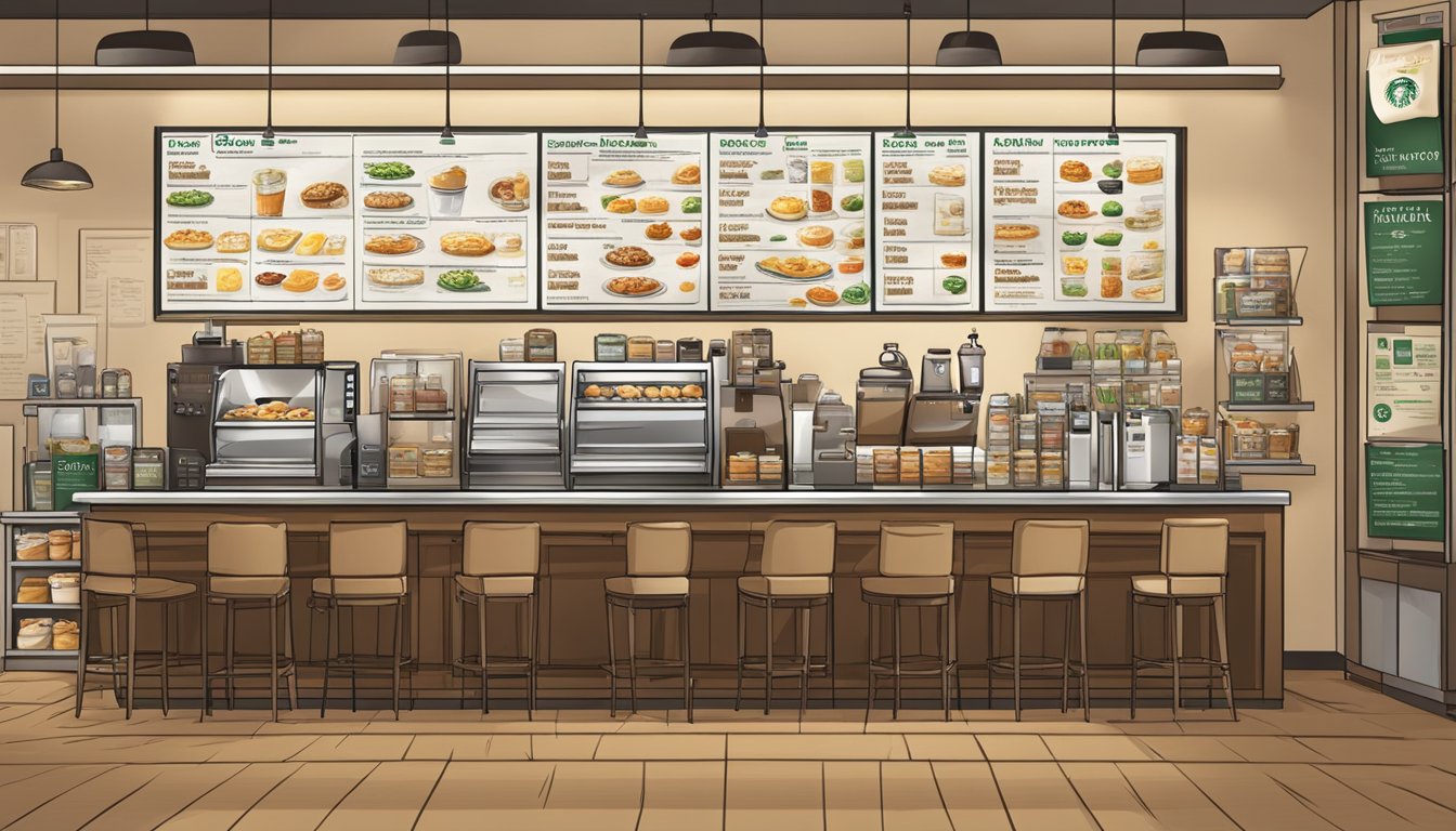 A busy Starbucks store with a variety of breakfast items displayed on the menu board, catering to different work schedules