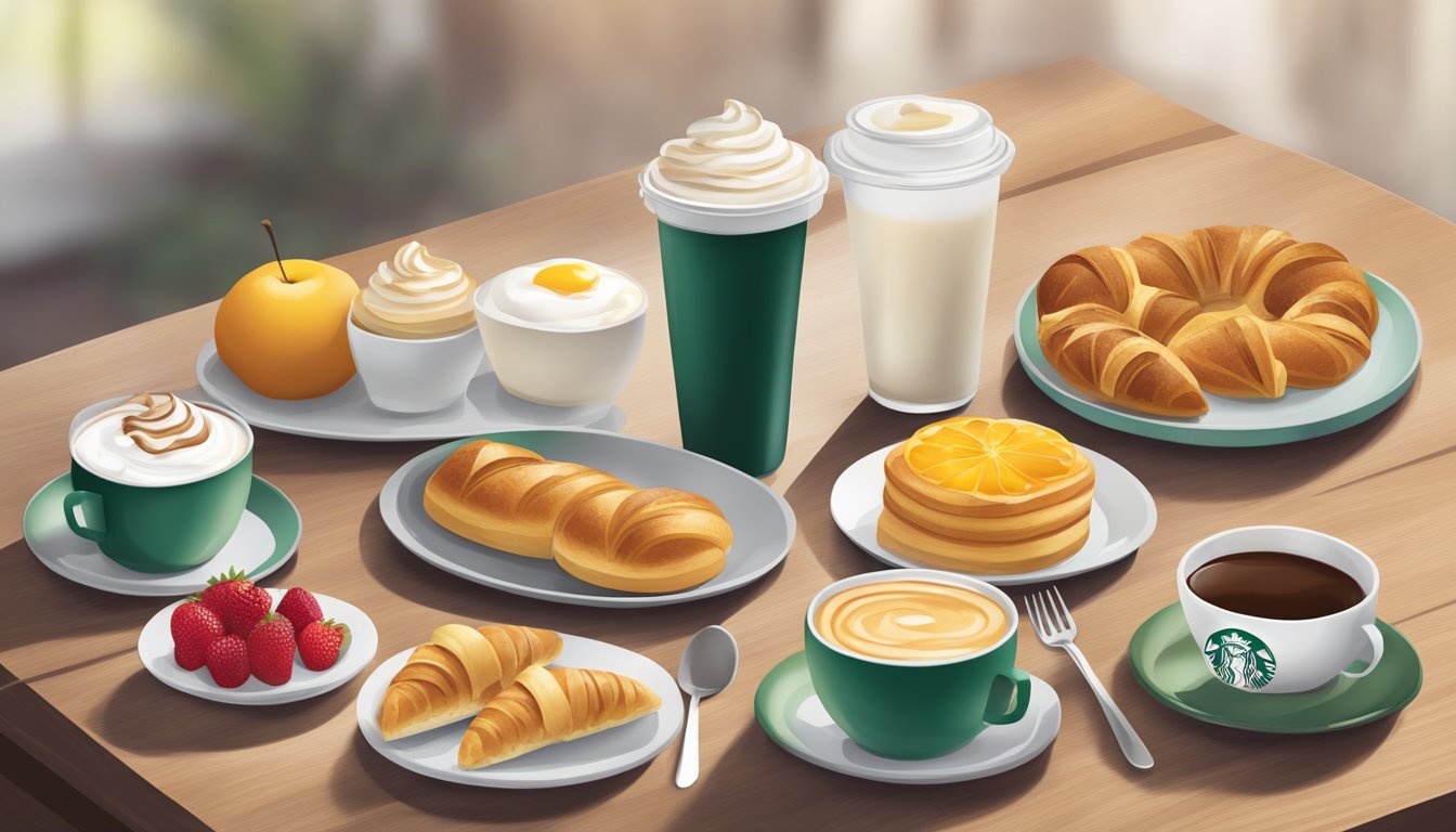 A table set with a variety of Starbucks breakfast items, including pastries, fruit, yogurt, and coffee, with a focus on balance between indulgence and health