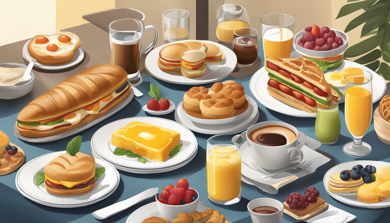 A table with a variety of breakfast items displayed, including pastries, sandwiches, and drinks in different portion sizes