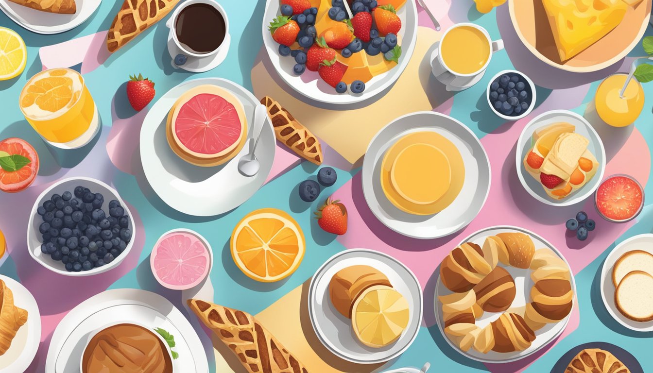 A colorful breakfast spread with a variety of pastries, fruits, and beverages displayed on a clean, modern table