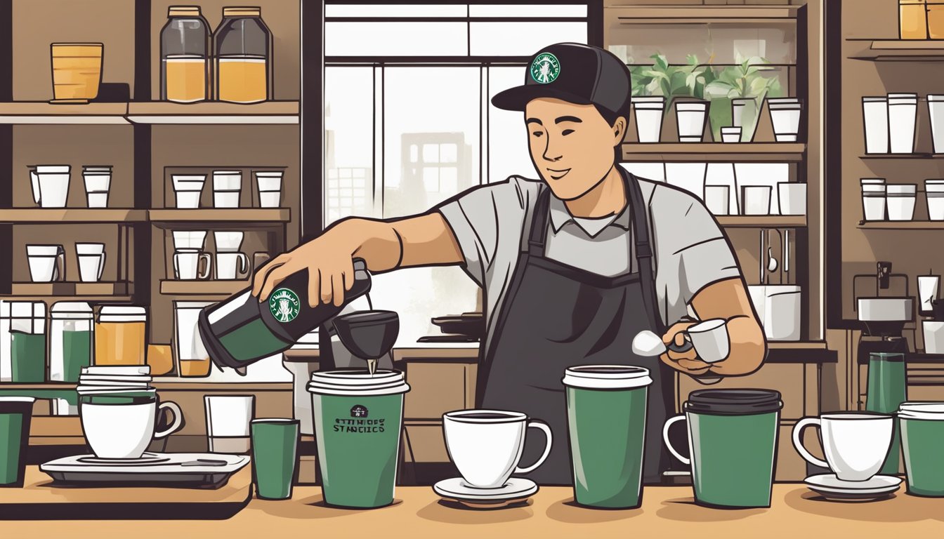 A Starbucks barista pouring coffee into different sized cups, showcasing the variety of portion sizes for breakfast options