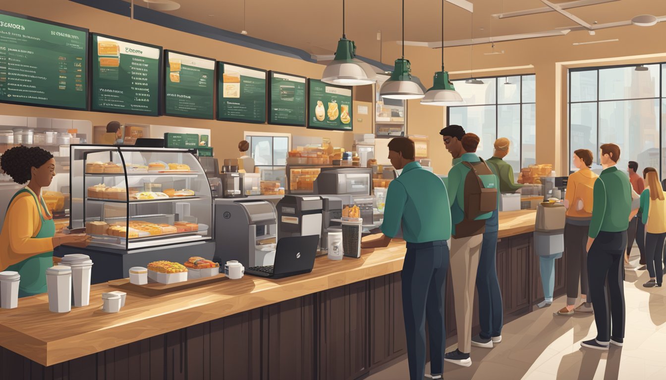 A bustling Starbucks cafe with a variety of breakfast items displayed, including options for different dietary needs. Customers with laptops and briefcases line up at the counter