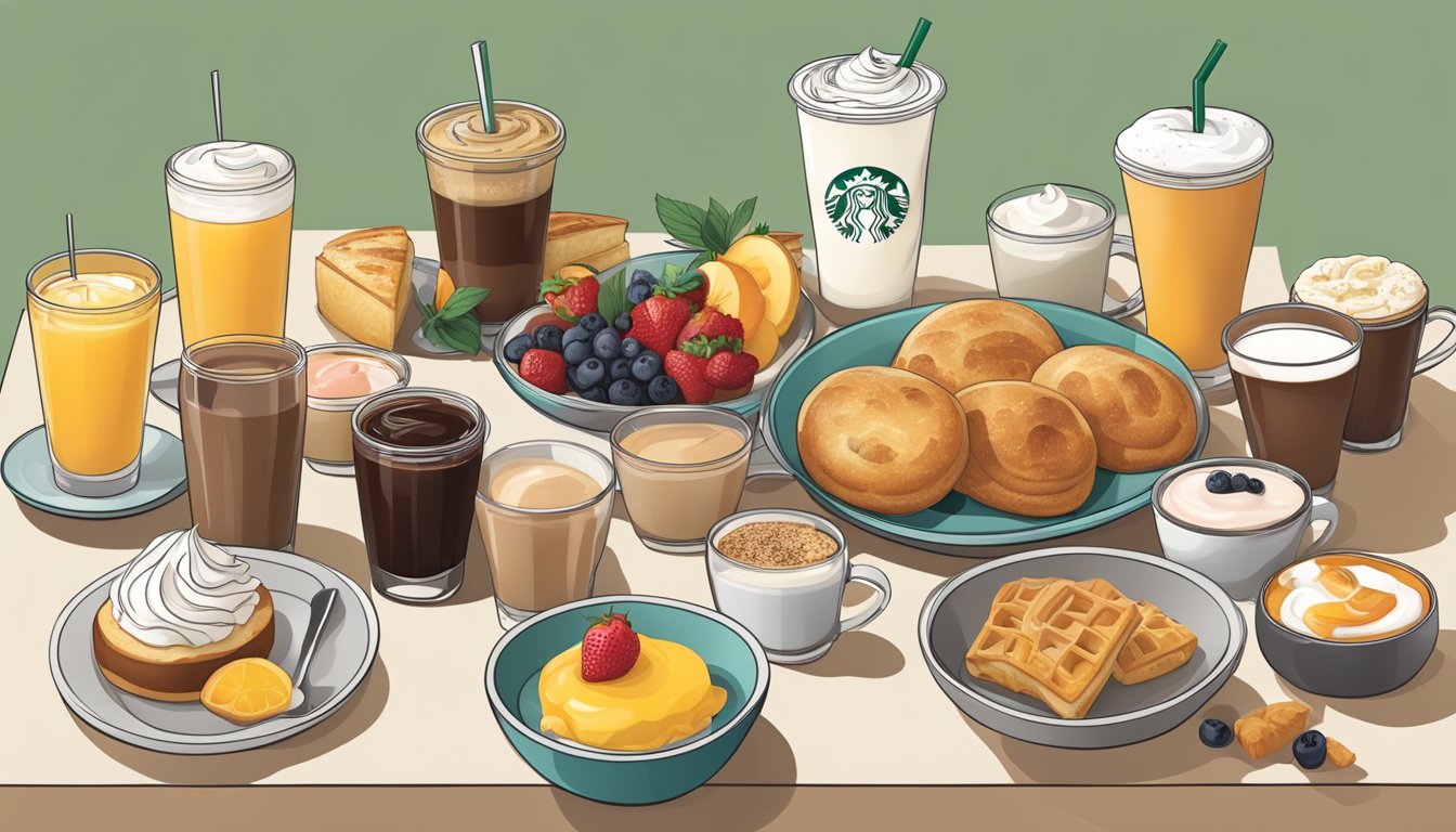 A table set with a variety of Starbucks breakfast items, including a balanced mix of indulgent pastries and healthier options like fruit and yogurt