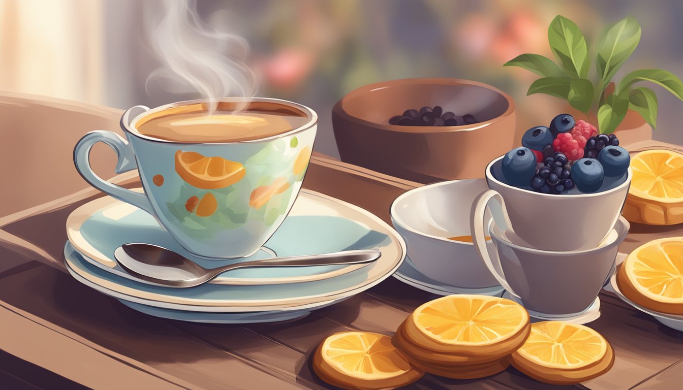 A cozy breakfast scene with a steaming cup of coffee and a delicate teacup, accompanied by a small pastry and a bowl of fresh fruit