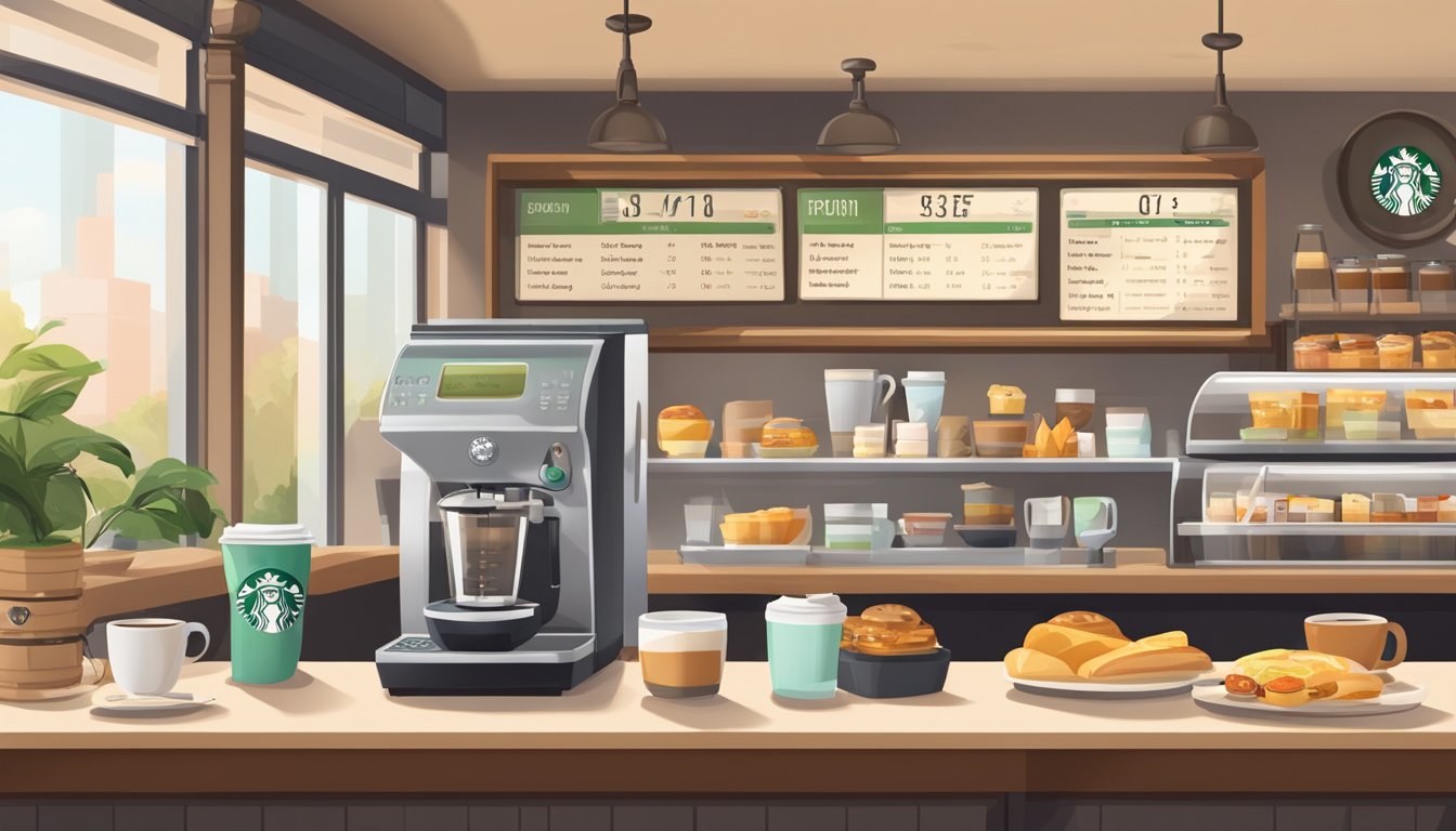 A cozy cafe setting with a variety of breakfast items and Starbucks beverages displayed on a counter, with a modern digital clock showing different work schedule times