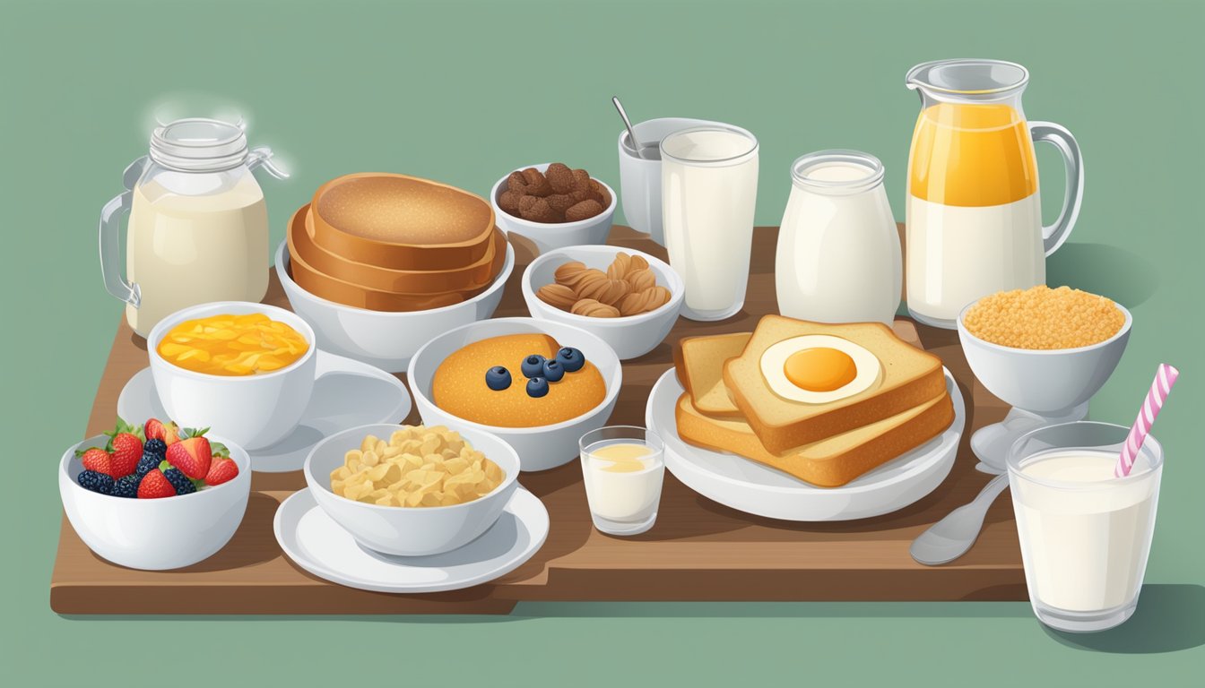 A table with various breakfast items in different portion sizes, surrounded by options for customization such as milk alternatives and sweeteners