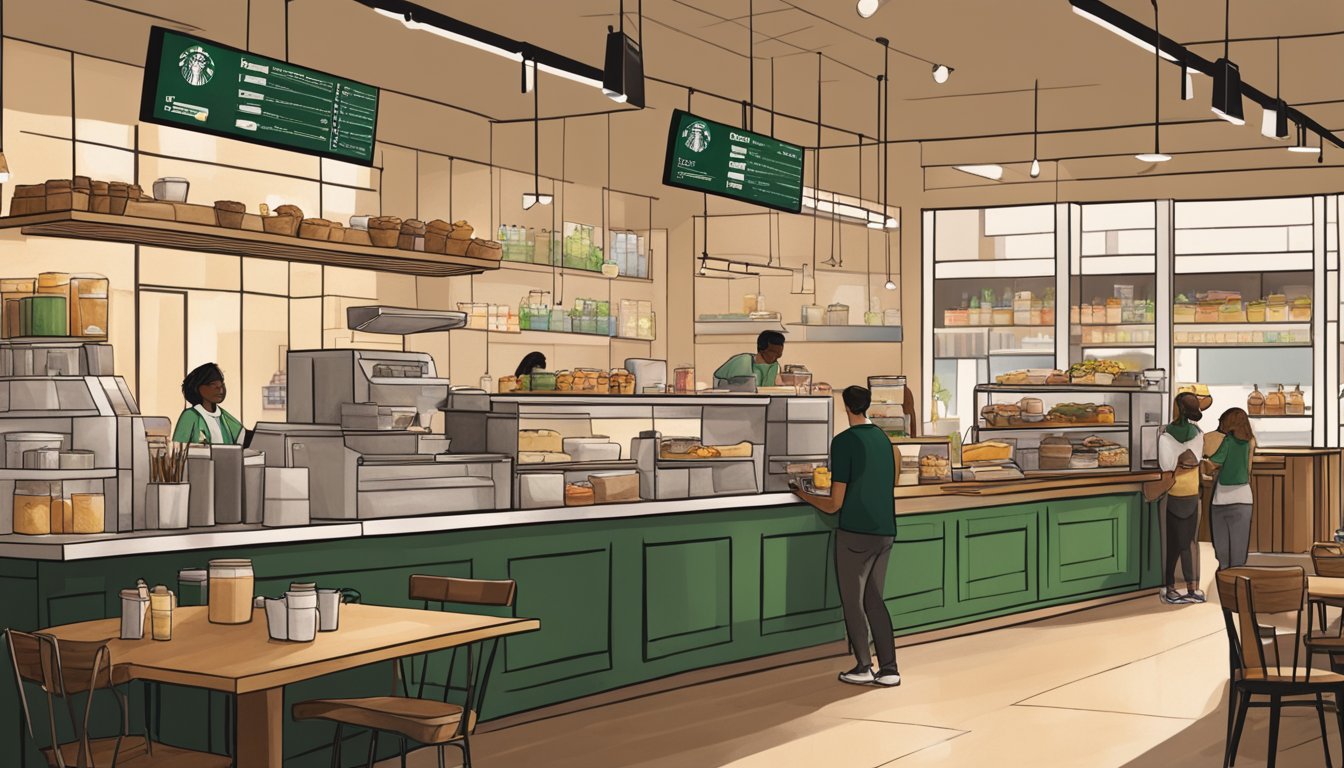 A bustling Starbucks store with a variety of sustainably sourced breakfast items on display, as customers with different work schedules come in and out