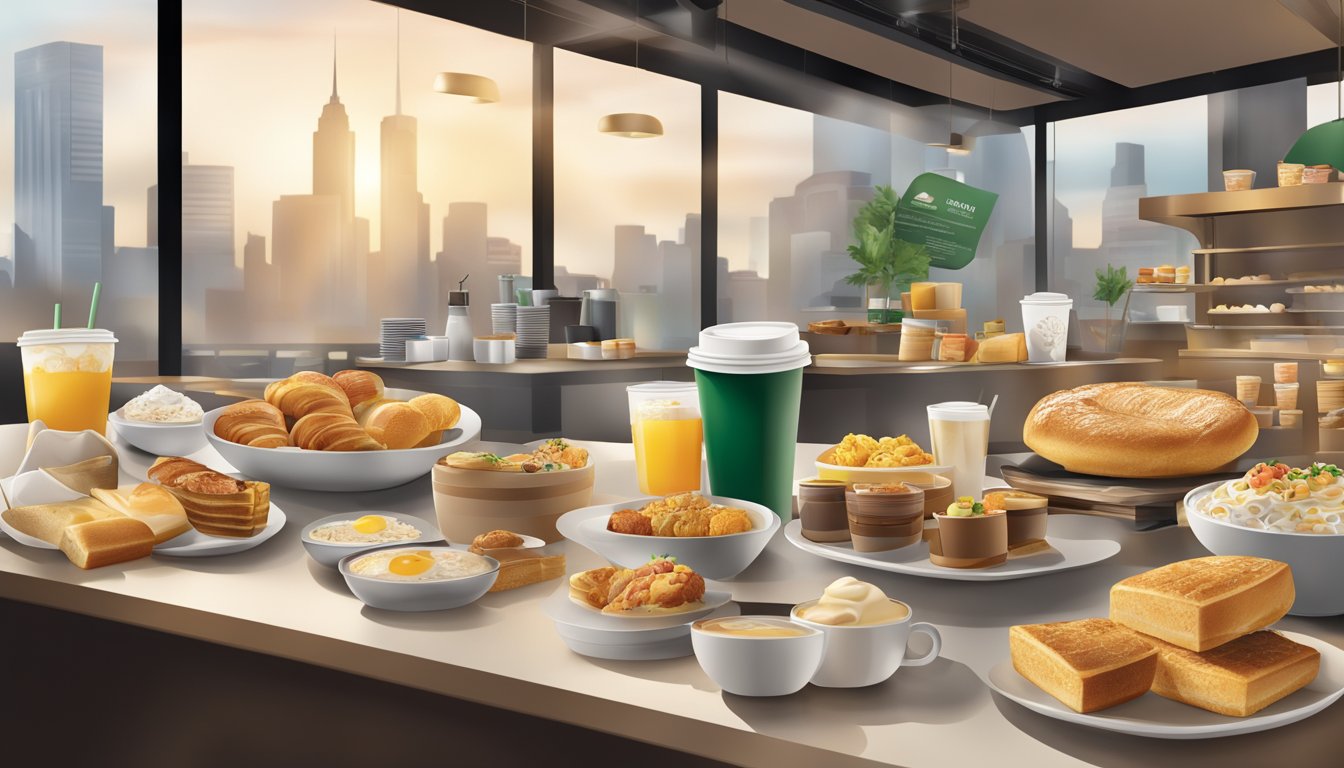 A bustling Starbucks breakfast menu display with a variety of food items and drinks, set against a backdrop of a modern and dynamic work environment