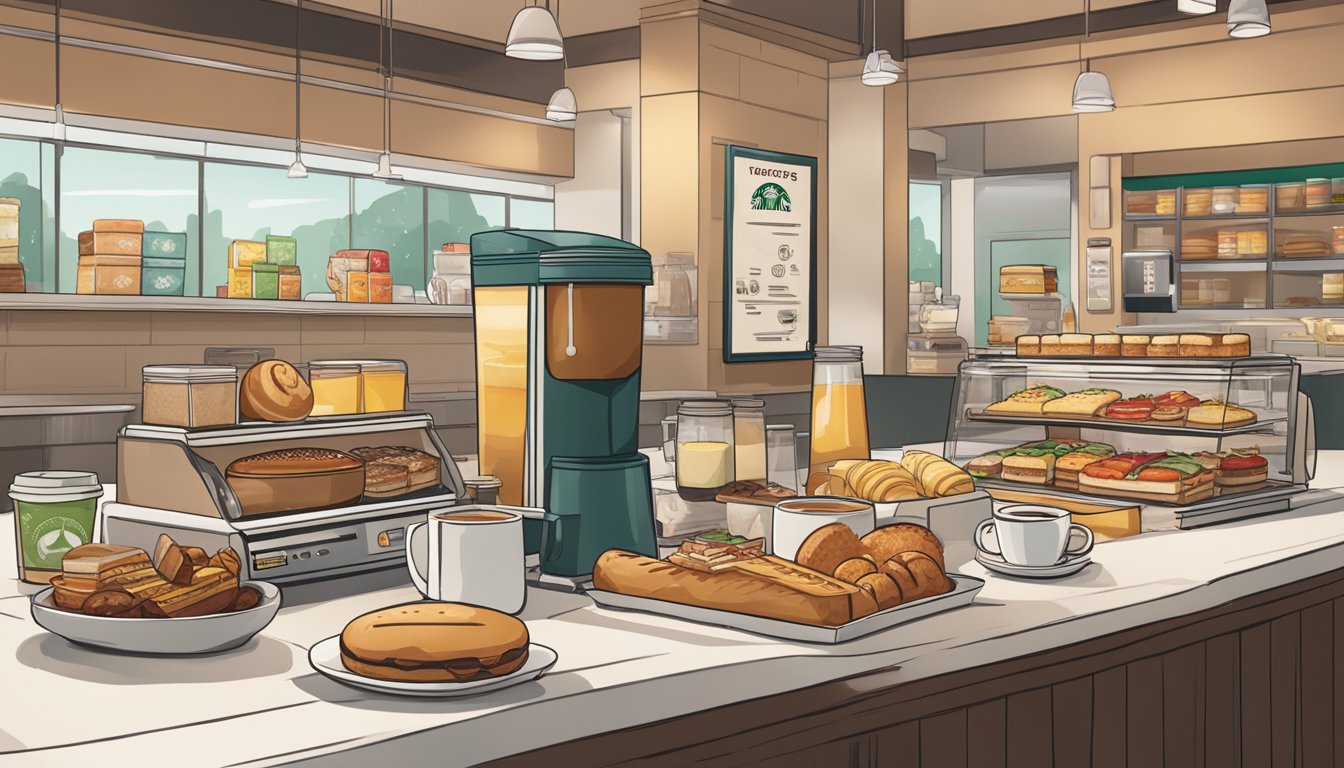 A steaming cup of coffee sits beside a display of breakfast items, including pastries and sandwiches, at a Starbucks counter