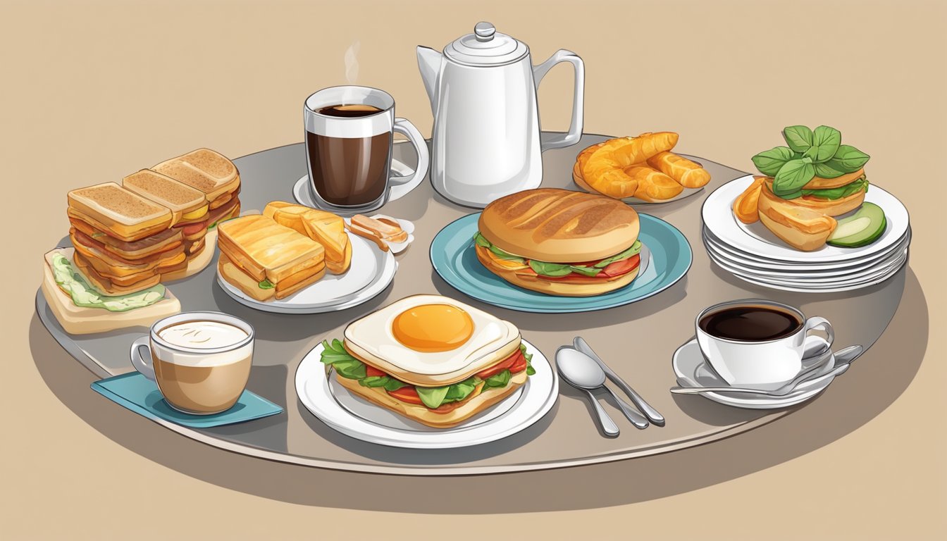 A breakfast table with various portion sizes of food and drinks, including coffee, pastries, and sandwiches, arranged neatly on plates and in cups