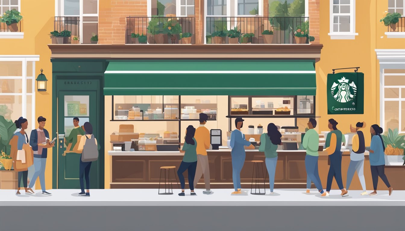 A bustling coffee shop with a line of customers out the door, while people on their phones engage with Starbucks' breakfast promotions on various social media platforms