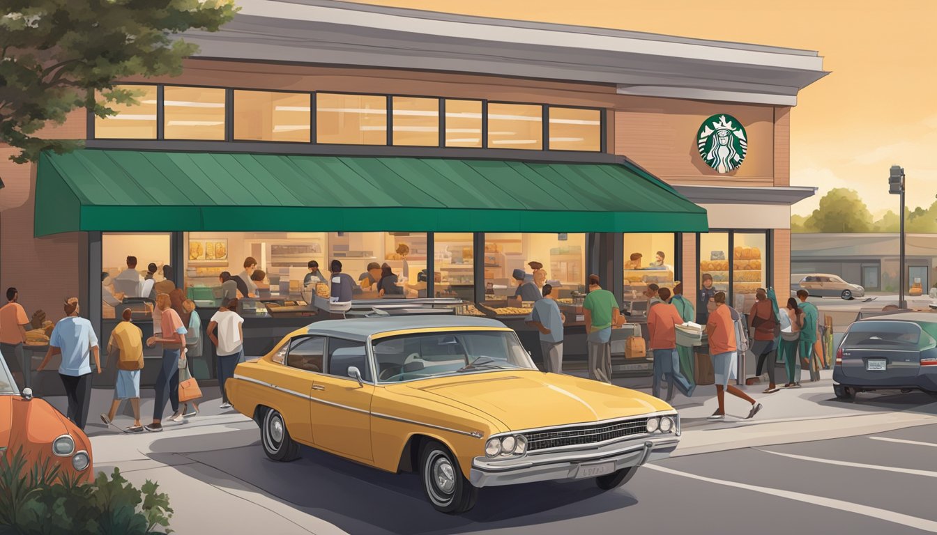 A bustling Starbucks drive-thru with cars lined up, while a steady stream of customers walk in and out of the store, all purchasing breakfast items