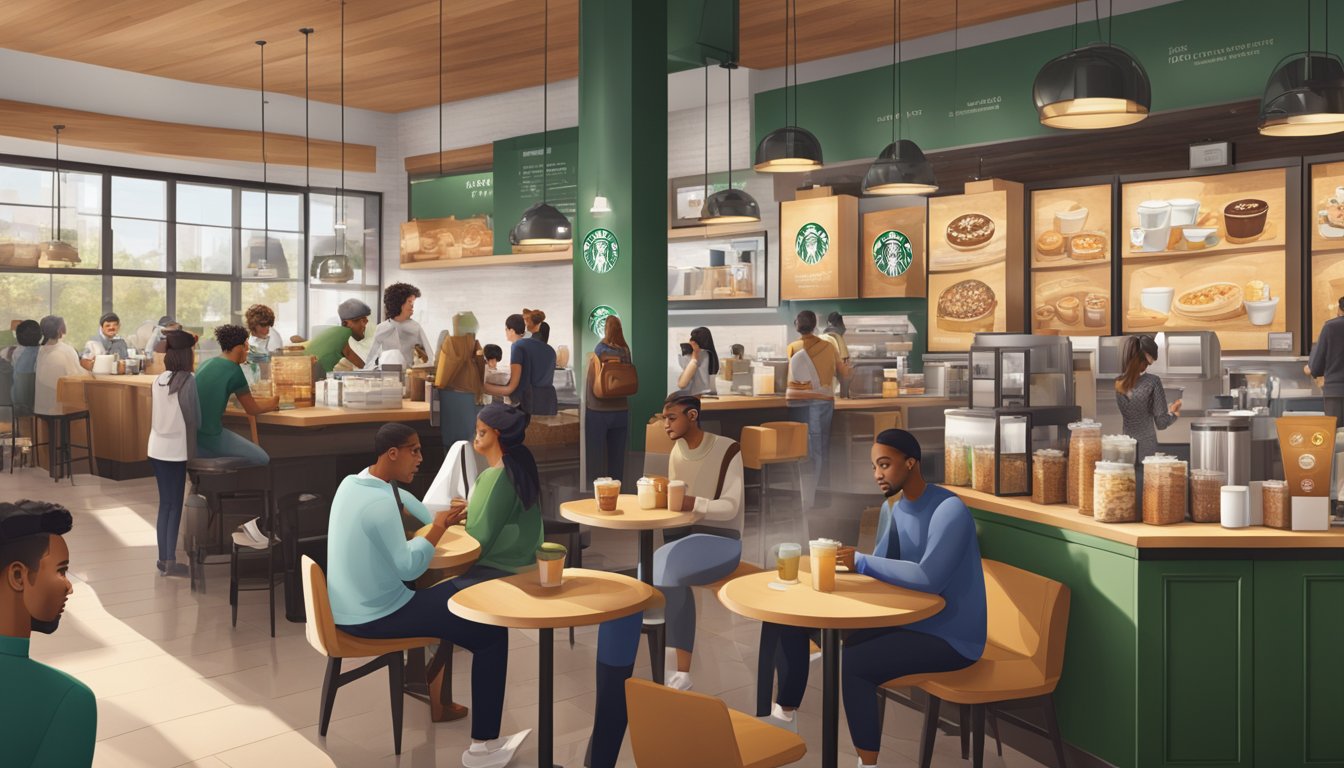 A bustling Starbucks store with people enjoying breakfast, while social media logos and icons are displayed prominently on the walls and digital screens