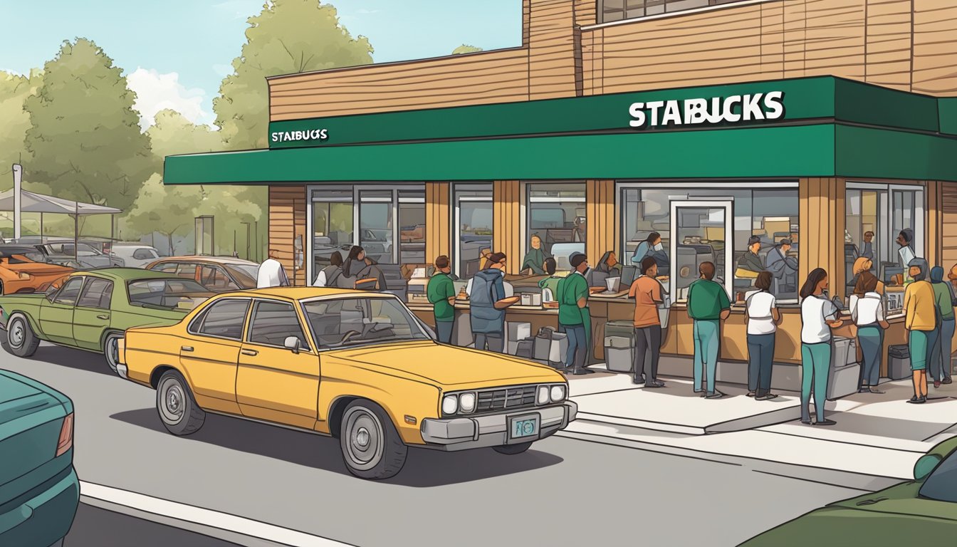 A busy drive-thru line at a Starbucks with cars waiting to order breakfast items, while employees work quickly to fulfill orders inside the store