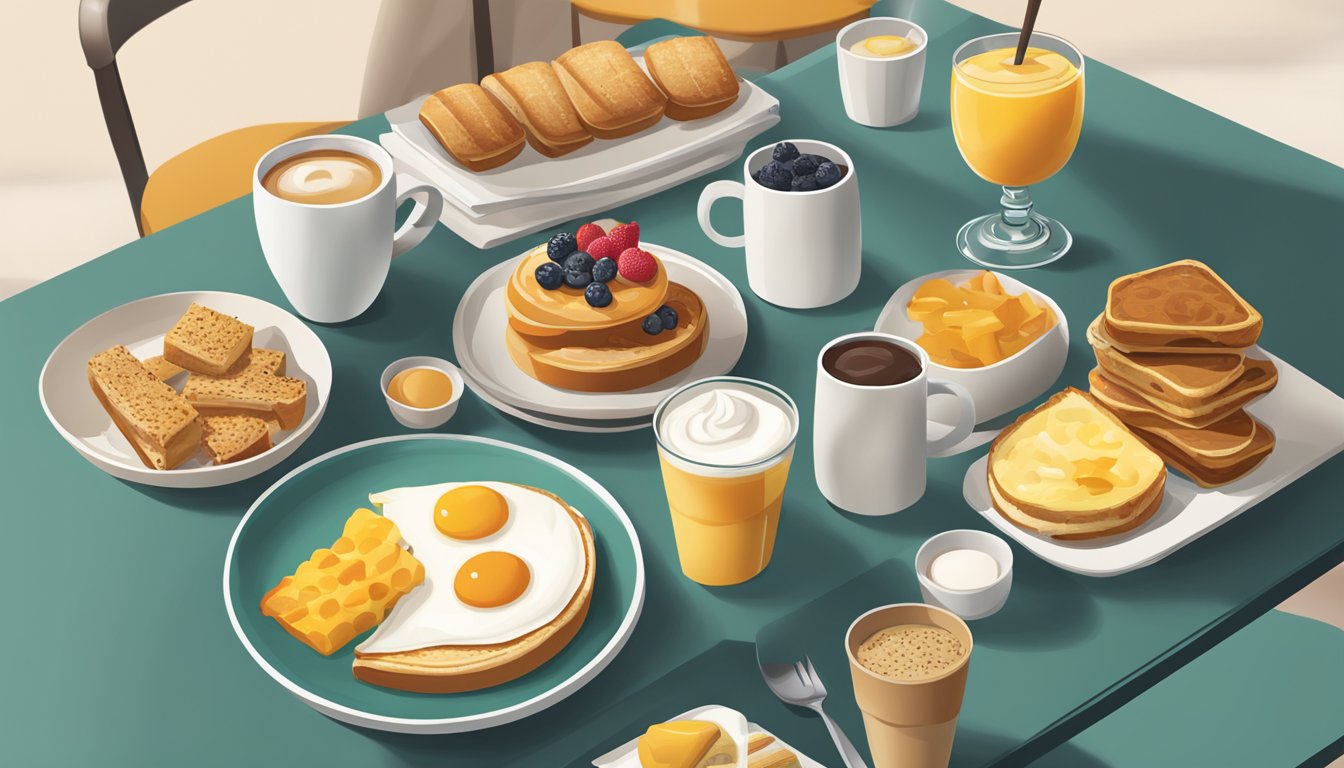 A table with various breakfast items, including smaller portion sizes, displayed in a modern Starbucks cafe setting