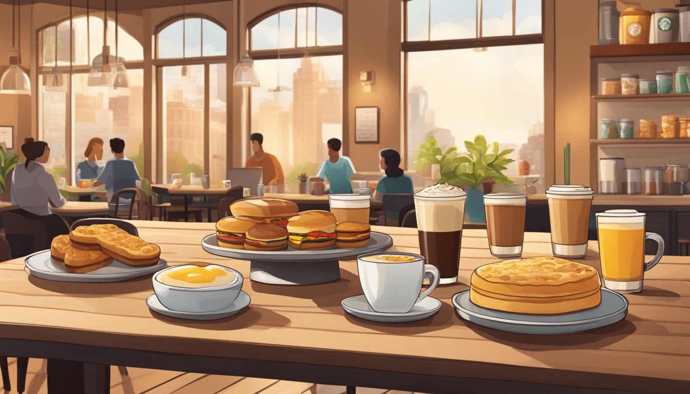 A table with a variety of Starbucks breakfast items displayed in different portion sizes, surrounded by a warm and inviting café atmosphere